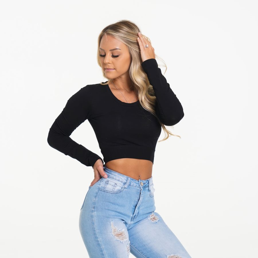 Tops NVGTN Wrap Around Long Sleeve Crop Mujer Negras | HaZM9zuv