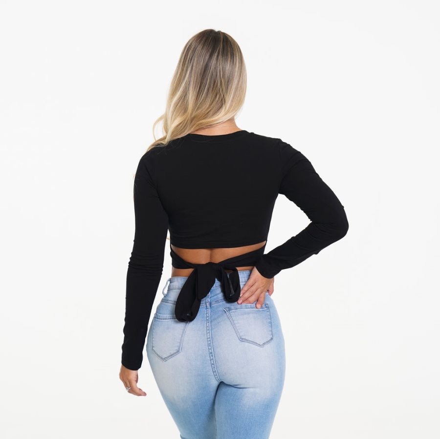 Tops NVGTN Wrap Around Long Sleeve Crop Mujer Negras | HaZM9zuv