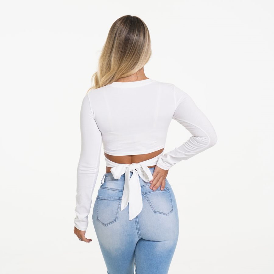 Tops NVGTN Wrap Around Long Sleeve Crop Mujer Blancas | PUnHfjXB