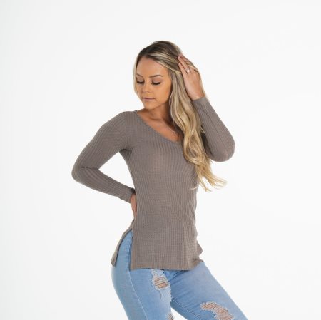 Tops NVGTN Waffle Knit Long Sleeve Mujer Gris Oscuro | yxJHnlJc